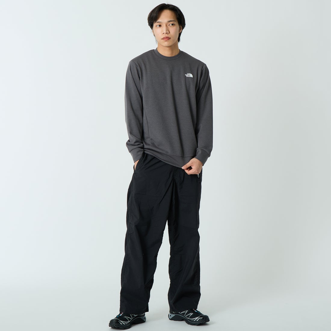 THE NORTH FACE [ザ ノースフェイス] モーションクルーネックスウェット [NT32496] GG &&モデル身長：179cm 着用サイズ：M&&