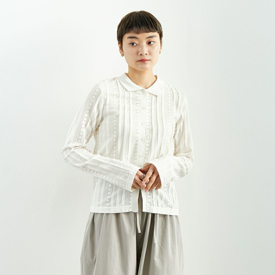 hwyl [ヒュイル] 襟付きレースソフトカーディガン [51285535] ｱｲﾎﾞﾘｰ &&モデル身長：160cm 着用サイズ：2&&