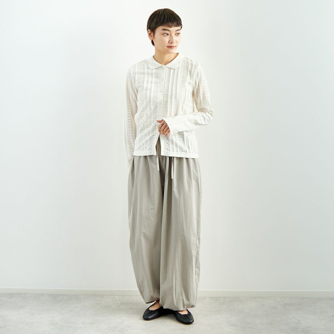 hwyl [ヒュイル] 襟付きレースソフトカーディガン [51285535] ｱｲﾎﾞﾘｰ &&モデル身長：160cm 着用サイズ：2&&