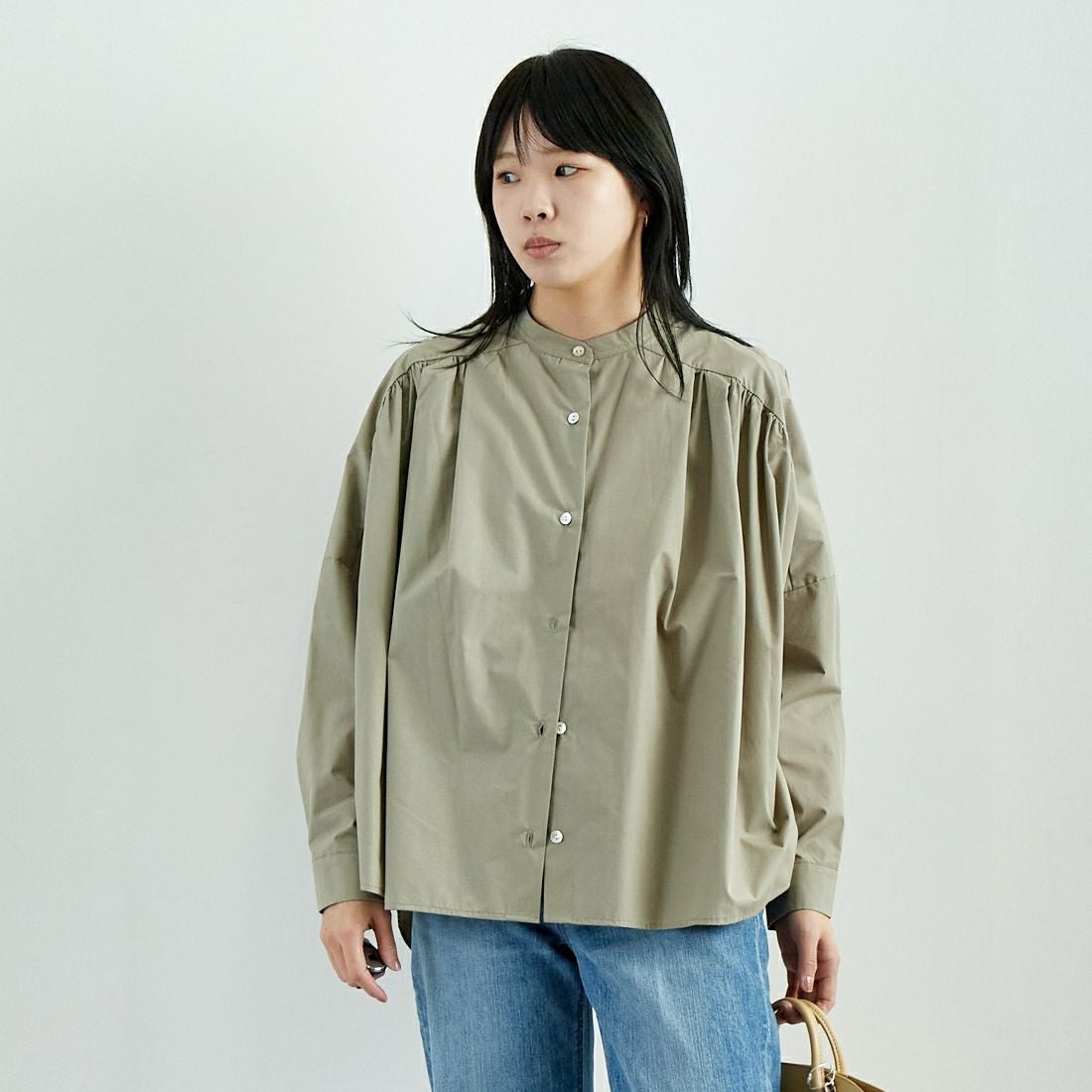 Jf Ready Made [ジェイエフレディメイド] T/Cオーバーギャザータックブラウス [4125200] ｸﾞﾚｰ &&モデル身長：167cm 着用サイズ：F&&