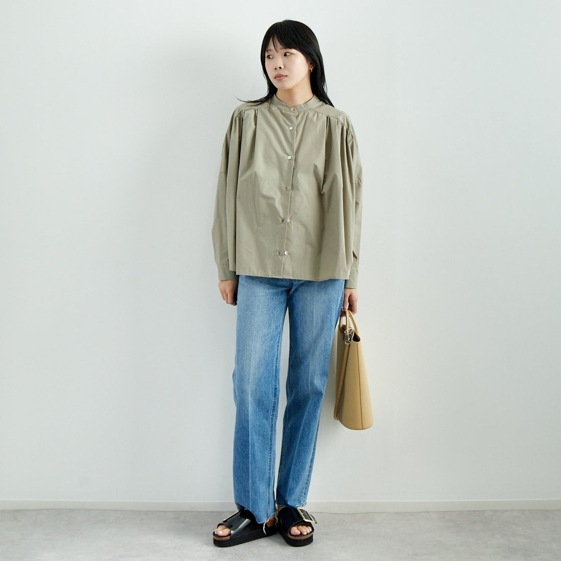 Jf Ready Made [ジェイエフレディメイド] T/Cオーバーギャザータックブラウス [4125200] ｸﾞﾚｰ &&モデル身長：167cm 着用サイズ：F&&