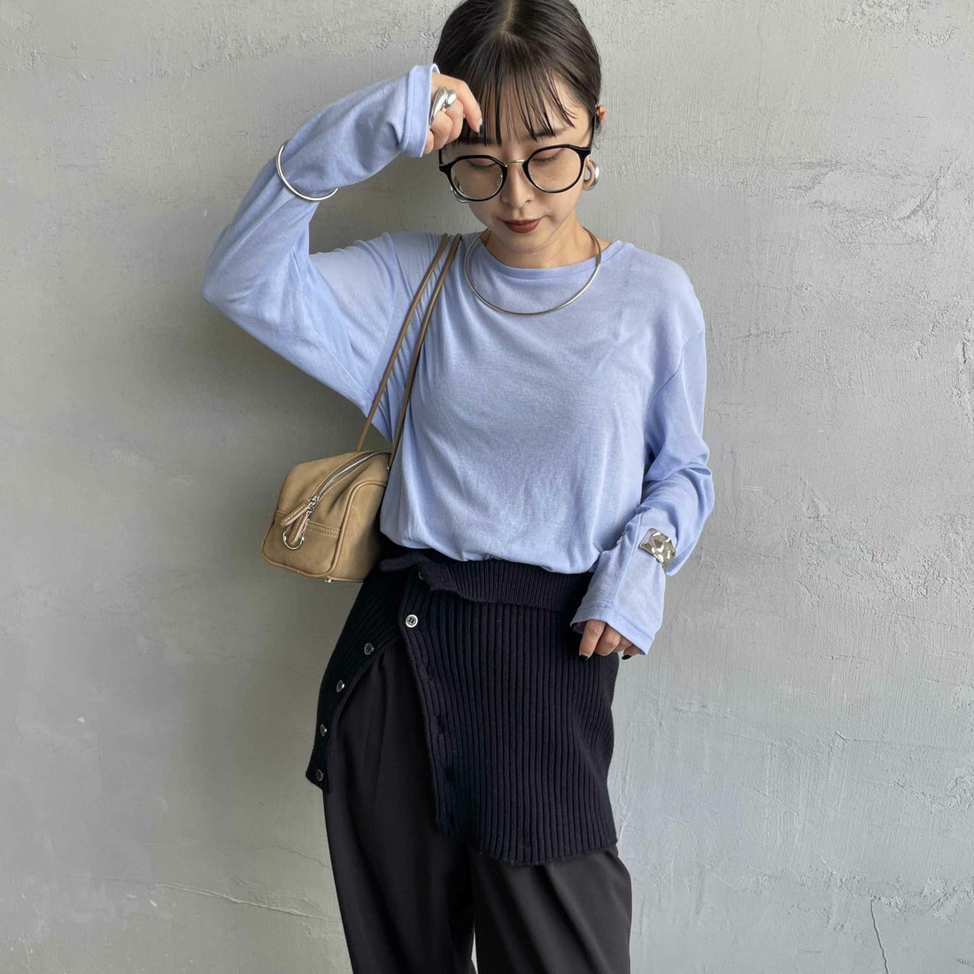 Jeans Factory Clothes [ジーンズファクトリークローズ] インナーシアーTシャツ [21254063] ﾗｲﾄﾌﾞﾙｰ &&モデル身長：150cm 着用サイズ：F&&