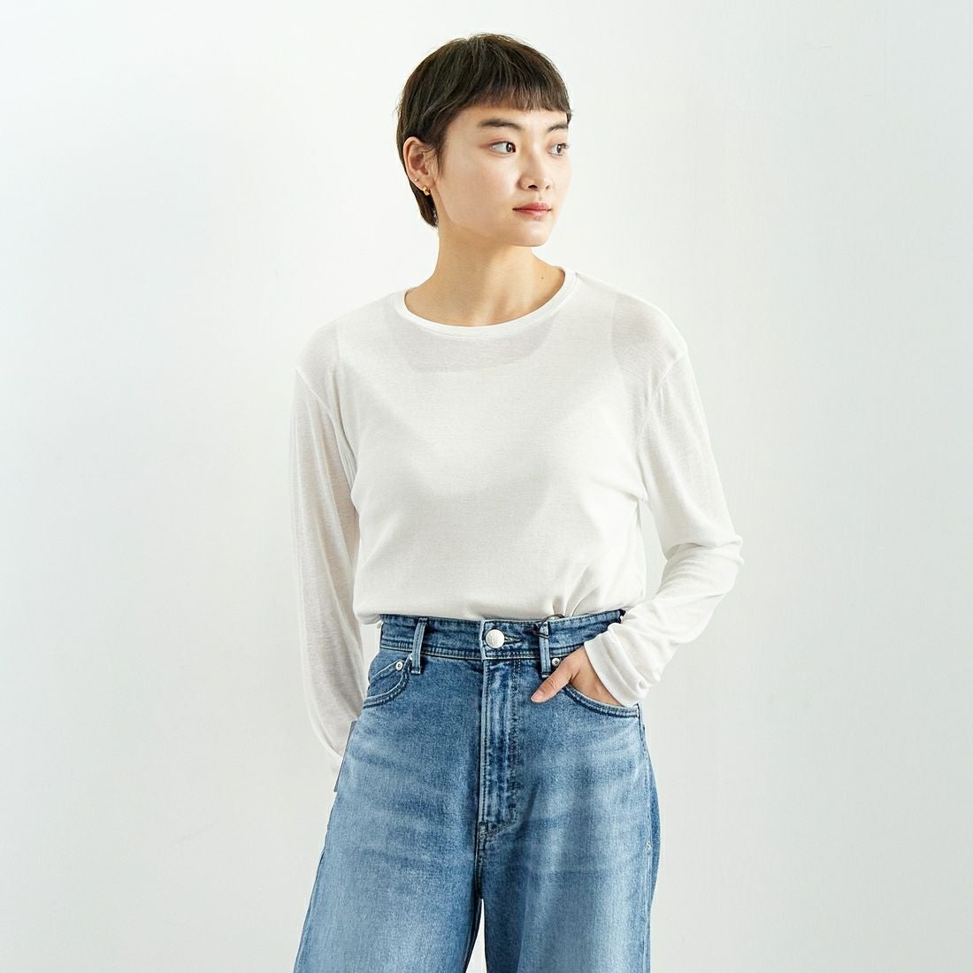 Jeans Factory Clothes [ジーンズファクトリークローズ] インナーシアーTシャツ [21254063] 031 ｵﾌ &&モデル身長：160cm 着用サイズ：F&&