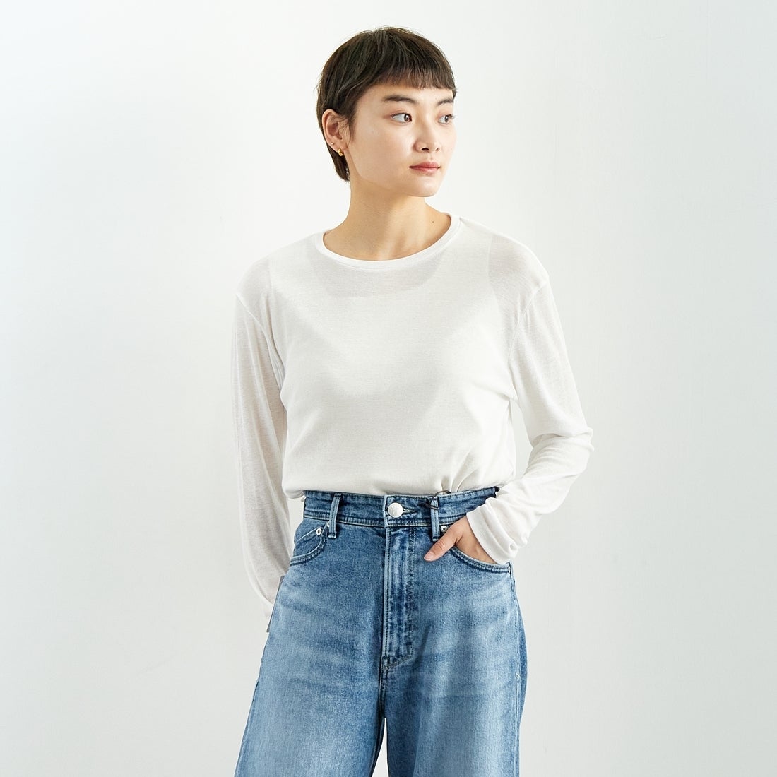 Jeans Factory Clothes [ジーンズファクトリークローズ] インナーシアーTシャツ [21254063] 031 ｵﾌ &&モデル身長：160cm 着用サイズ：F&&