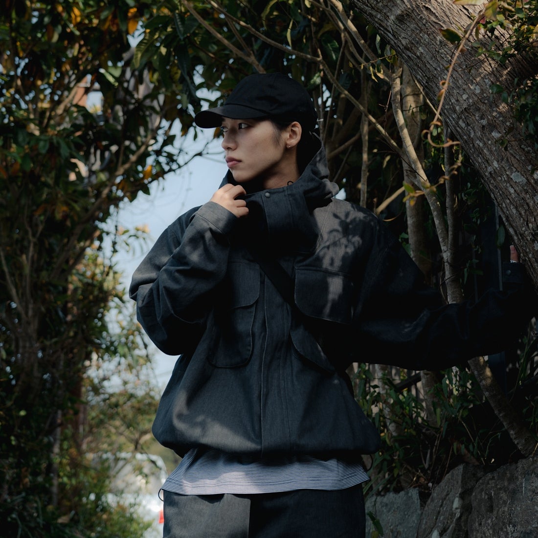 UNIVERSAL OVERALL [ユニバーサルオーバーオール] 別注 アクティブワークジャケット [U2431500IN-JF] CHARCOAL &&モデル身長：179cm 着用サイズ：L&&