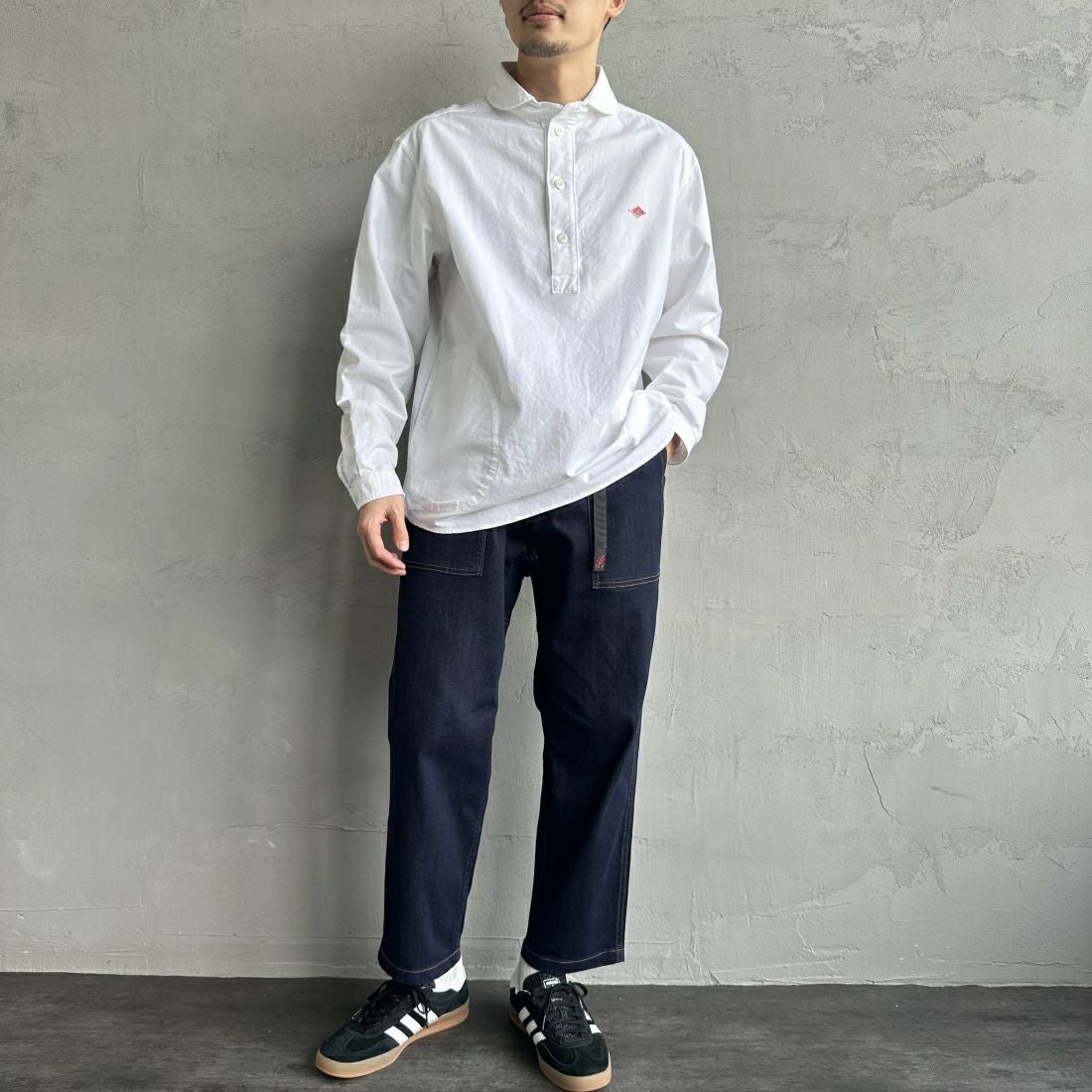 DANTON [ダントン] オックスフォード ラウンドカラーシャツ [DT-B0282SOX] WHITE &&モデル身長：168cm 着用サイズ：38&&