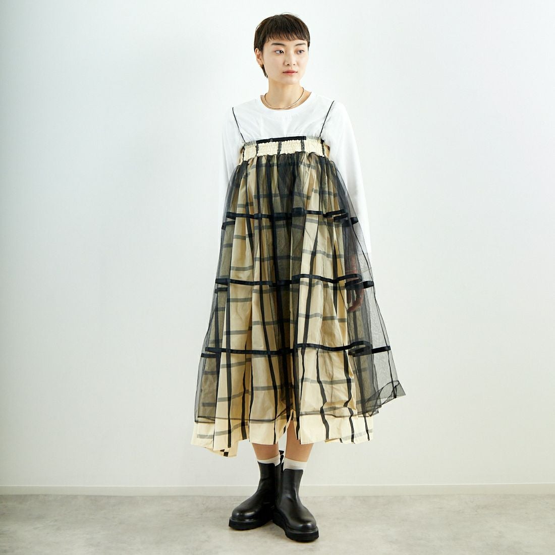 MAISON SPECIAL [メゾンスペシャル] 2WAY チュールレイヤーチェックボリュームスカート [21251515201] WHT &&モデル身長：160cm 着用サイズ：36&&