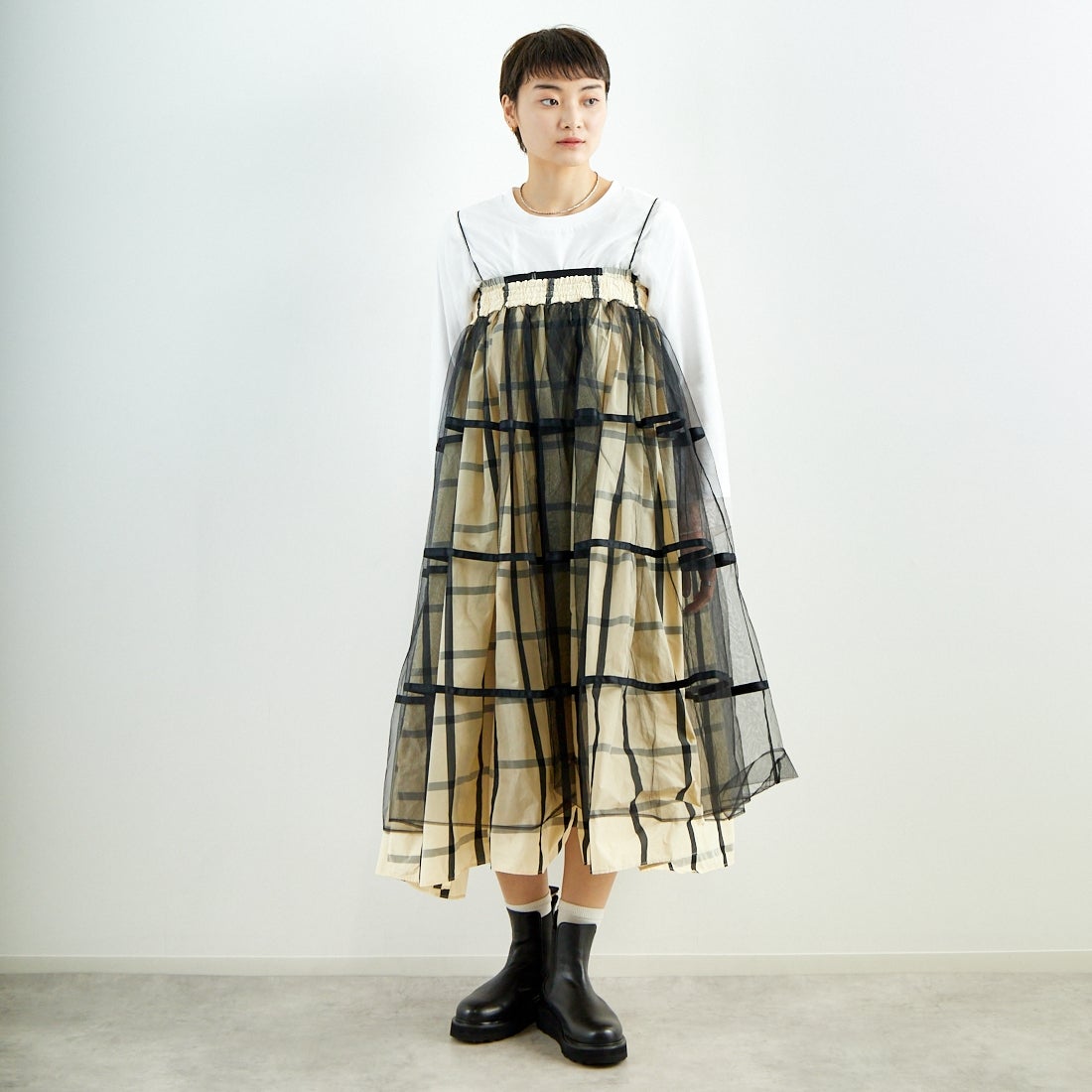 MAISON SPECIAL [メゾンスペシャル] 2WAY チュールレイヤーチェックボリュームスカート [21251515201] WHT &&モデル身長：160cm 着用サイズ：36&&