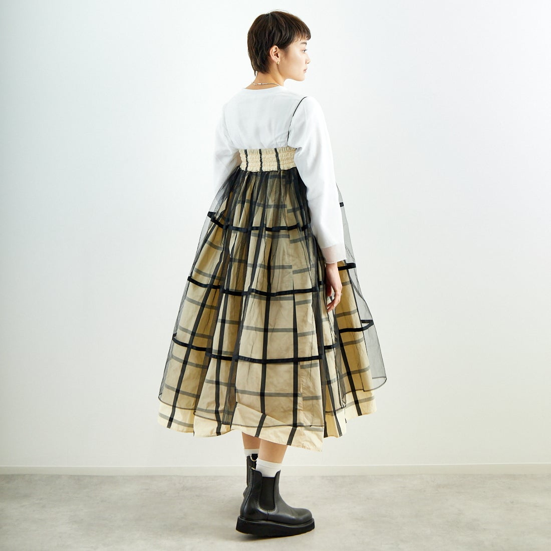 MAISON SPECIAL [メゾンスペシャル] 2WAY チュールレイヤーチェックボリュームスカート [21251515201] WHT &&モデル身長：160cm 着用サイズ：36&&