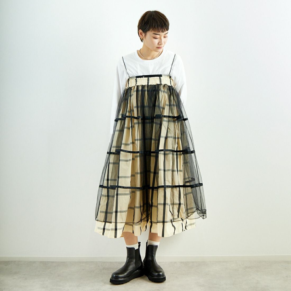 MAISON SPECIAL [メゾンスペシャル] 2WAY チュールレイヤーチェックボリュームスカート [21251515201] WHT &&モデル身長：160cm 着用サイズ：36&&