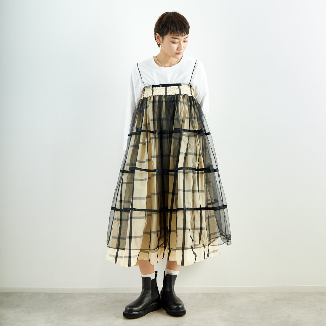 MAISON SPECIAL [メゾンスペシャル] 2WAY チュールレイヤーチェックボリュームスカート [21251515201] WHT &&モデル身長：160cm 着用サイズ：36&&