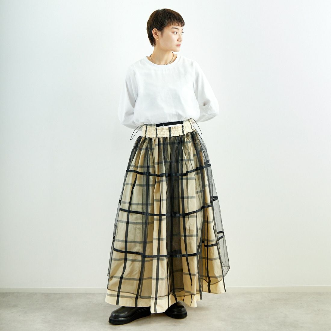 MAISON SPECIAL [メゾンスペシャル] 2WAY チュールレイヤーチェックボリュームスカート [21251515201] WHT &&モデル身長：160cm 着用サイズ：36&&