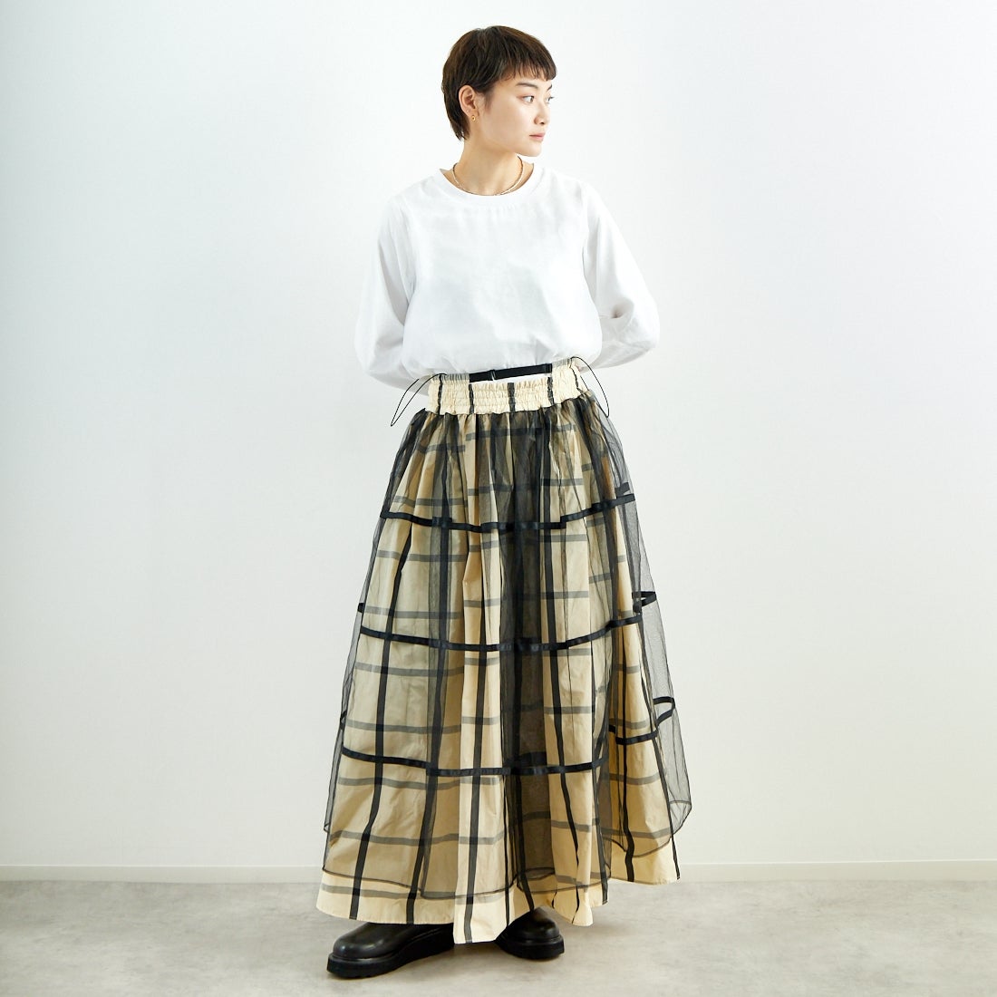 MAISON SPECIAL [メゾンスペシャル] 2WAY チュールレイヤーチェックボリュームスカート [21251515201] WHT &&モデル身長：160cm 着用サイズ：36&&