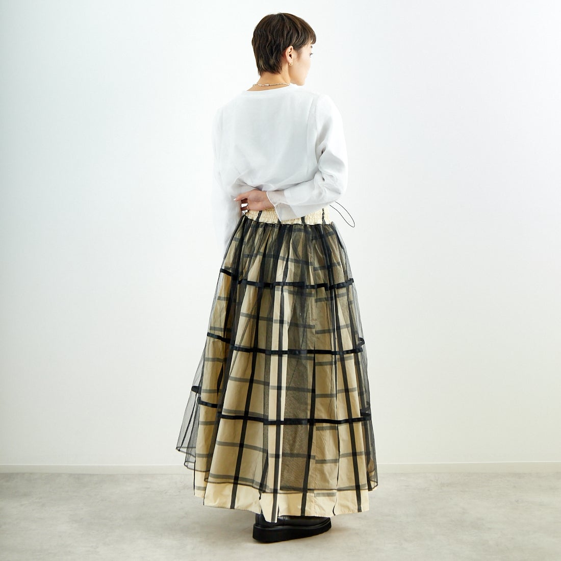 MAISON SPECIAL [メゾンスペシャル] 2WAY チュールレイヤーチェックボリュームスカート [21251515201] WHT &&モデル身長：160cm 着用サイズ：36&&