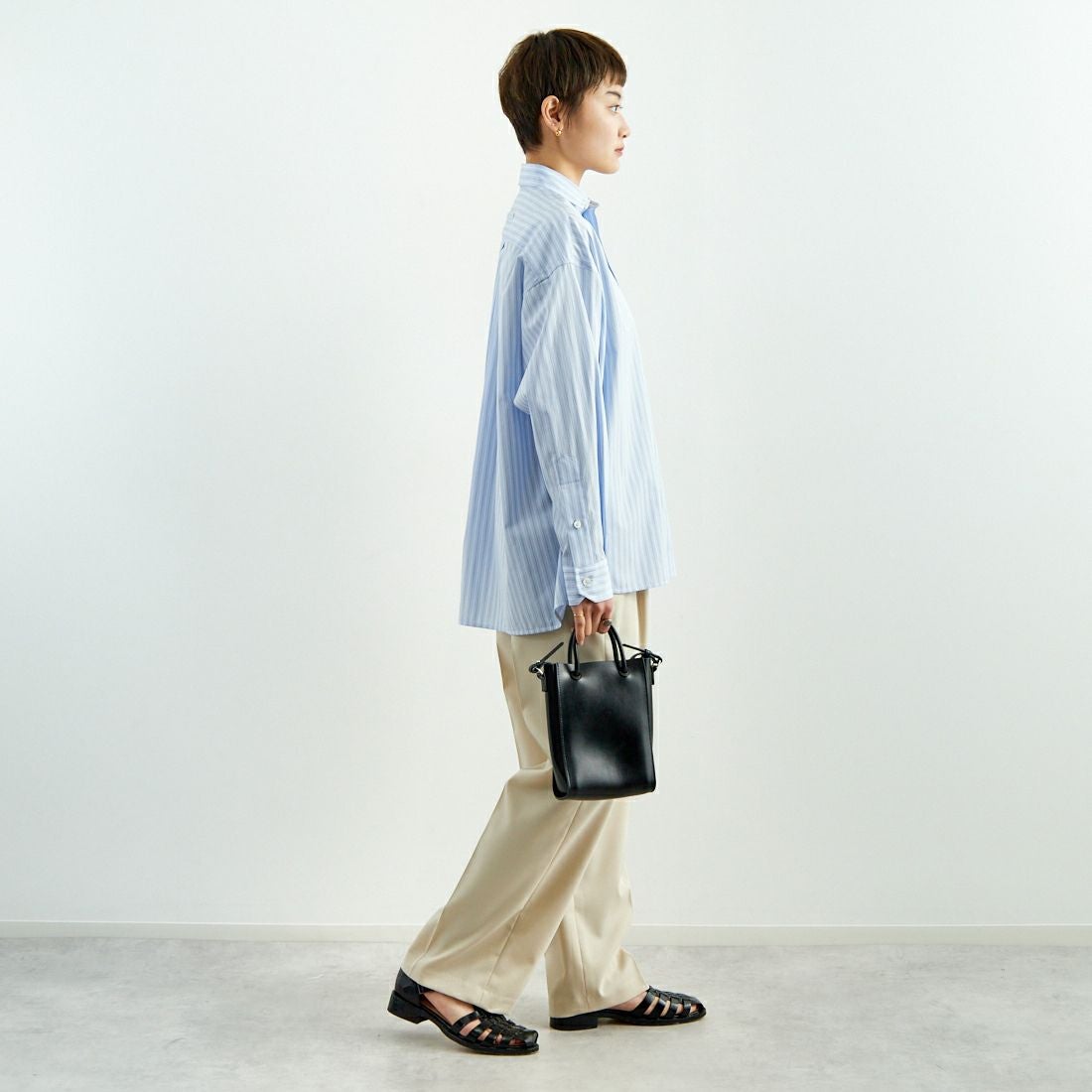 TICCA [ティッカ] スクエアビッグシャツ [TBES-011] BLU STRIPE &&モデル身長：160cm 着用サイズ：2&&