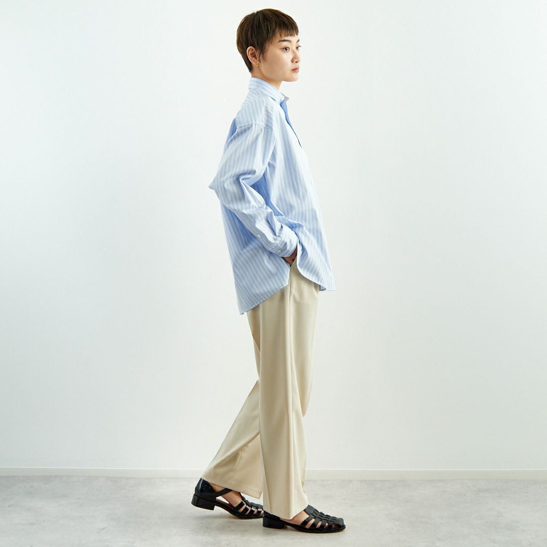 TICCA [ティッカ] スクエアビッグシャツ [TBES-011] BLU STRIPE &&モデル身長：160cm 着用サイズ：2&&