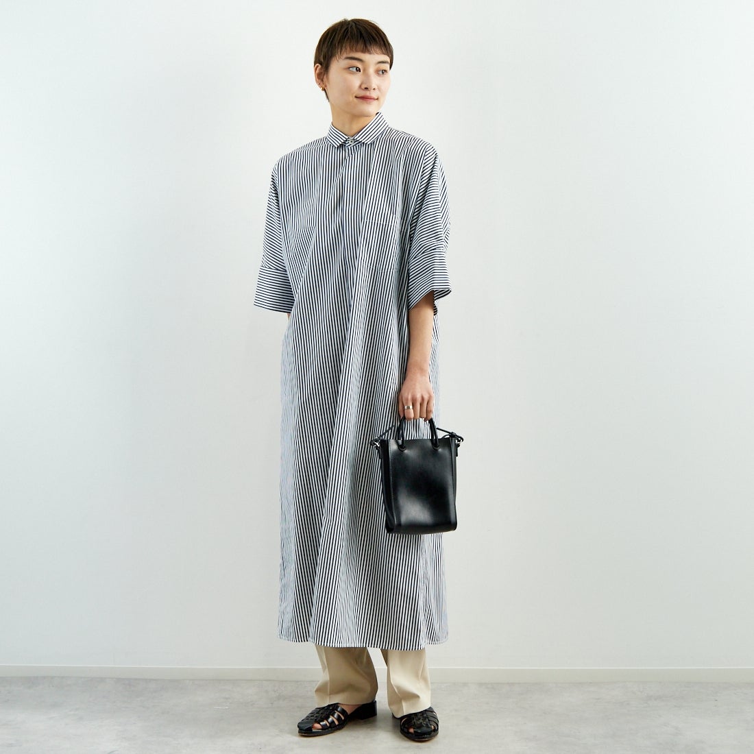 TICCA [ティッカ] テント半袖シャツワンピース [TBES-016] NVY STRIPE &&モデル身長：160cm 着用サイズ：F&&