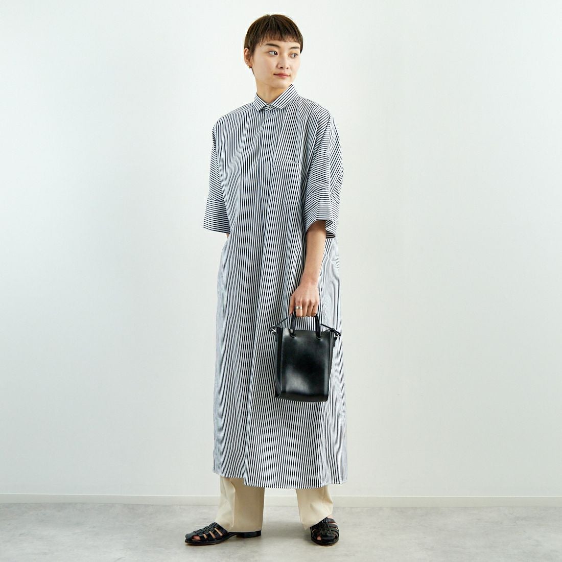 TICCA [ティッカ] テント半袖シャツワンピース [TBES-016] NVY STRIPE &&モデル身長：160cm 着用サイズ：F&&