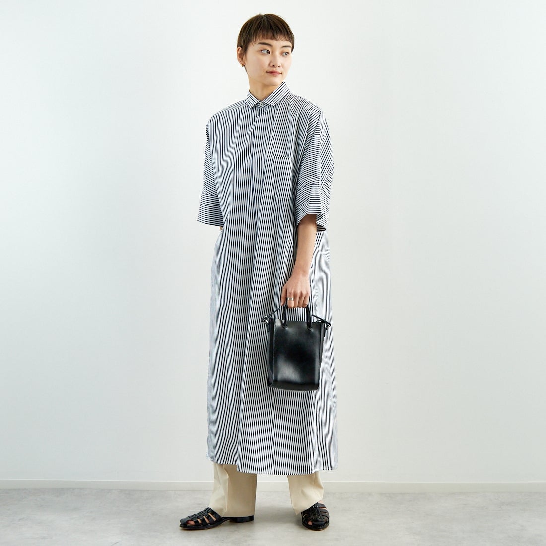 TICCA [ティッカ] テント半袖シャツワンピース [TBES-016] NVY STRIPE &&モデル身長：160cm 着用サイズ：F&&