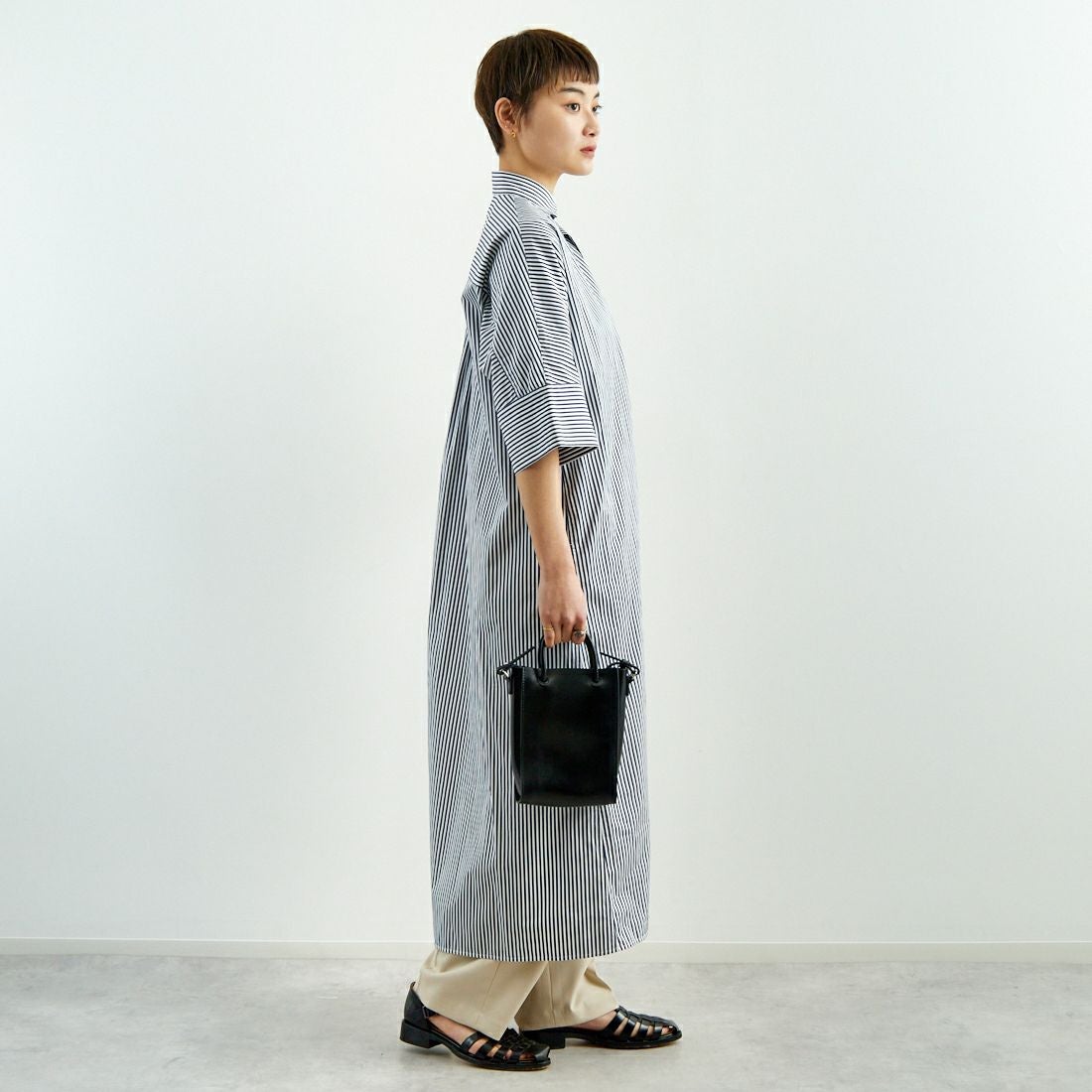 TICCA [ティッカ] テント半袖シャツワンピース [TBES-016] NVY STRIPE &&モデル身長：160cm 着用サイズ：F&&