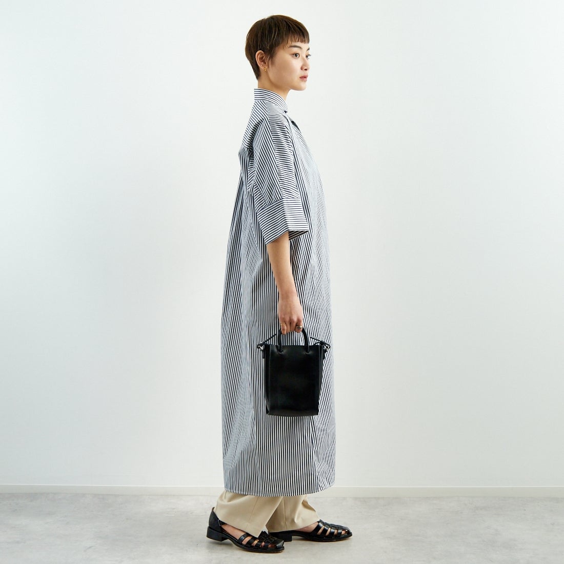 TICCA [ティッカ] テント半袖シャツワンピース [TBES-016] NVY STRIPE &&モデル身長：160cm 着用サイズ：F&&