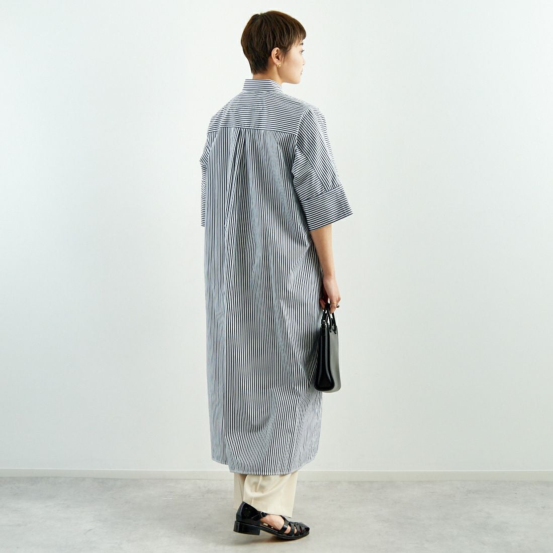 TICCA [ティッカ] テント半袖シャツワンピース [TBES-016] NVY STRIPE &&モデル身長：160cm 着用サイズ：F&&