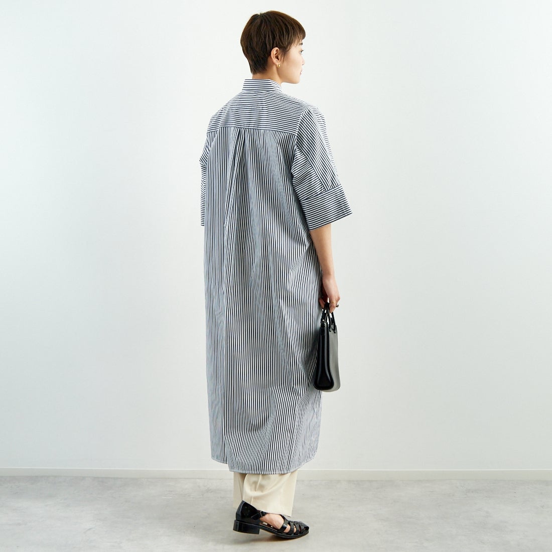 TICCA [ティッカ] テント半袖シャツワンピース [TBES-016] NVY STRIPE &&モデル身長：160cm 着用サイズ：F&&