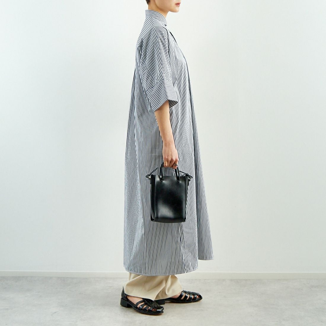 TICCA [ティッカ] テント半袖シャツワンピース [TBES-016] NVY STRIPE &&モデル身長：160cm 着用サイズ：F&&