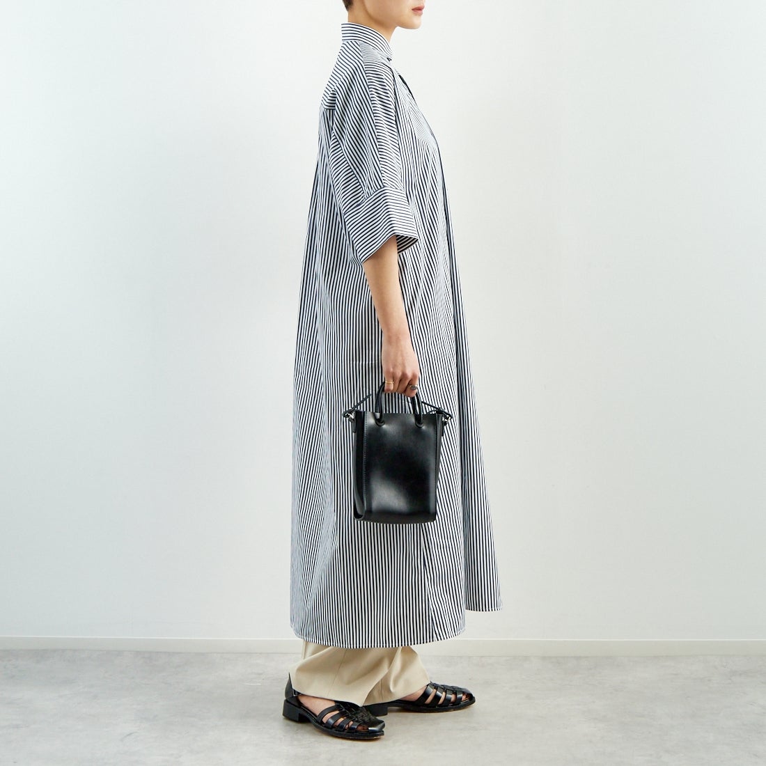 TICCA [ティッカ] テント半袖シャツワンピース [TBES-016] NVY STRIPE &&モデル身長：160cm 着用サイズ：F&&