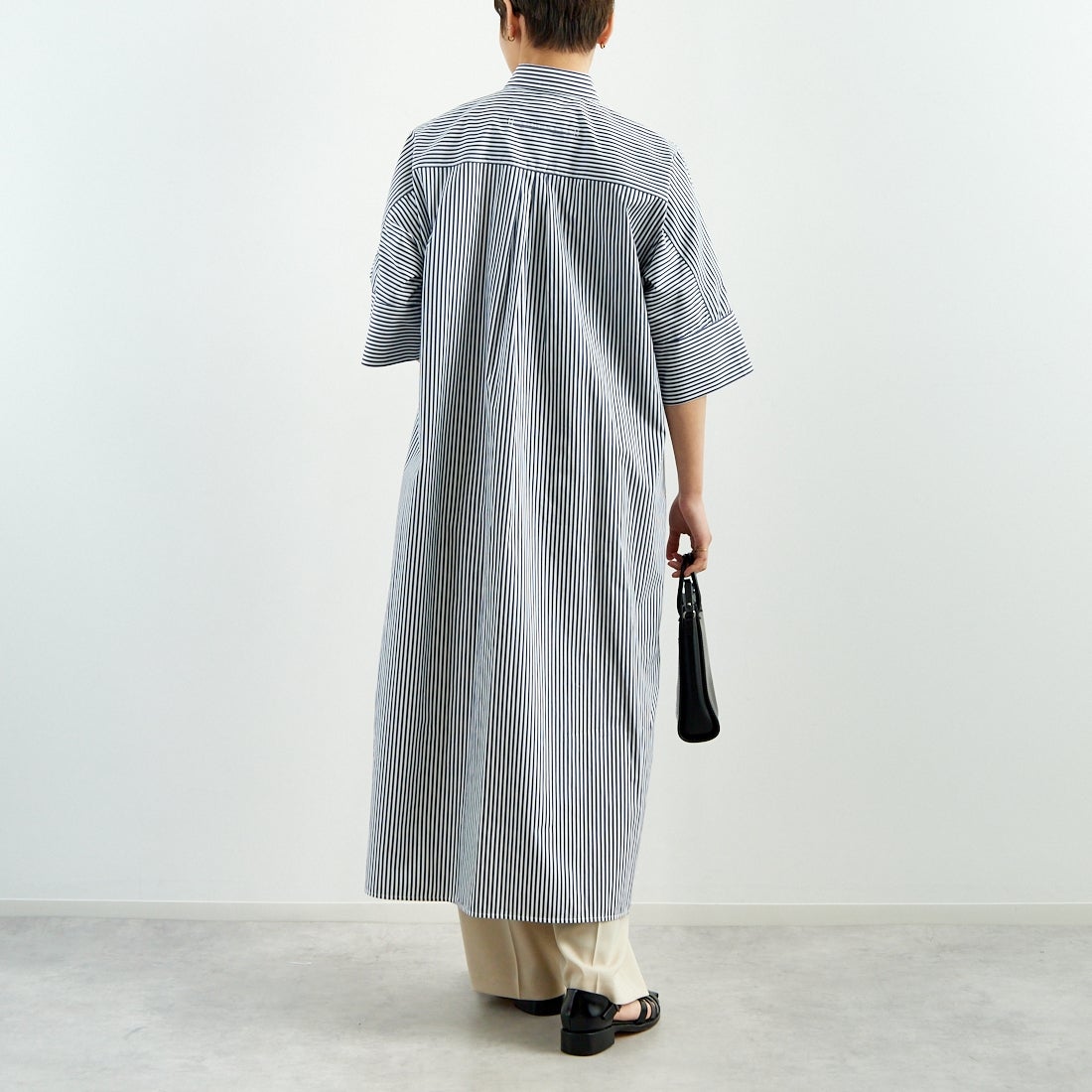 TICCA [ティッカ] テント半袖シャツワンピース [TBES-016] NVY STRIPE &&モデル身長：160cm 着用サイズ：F&&