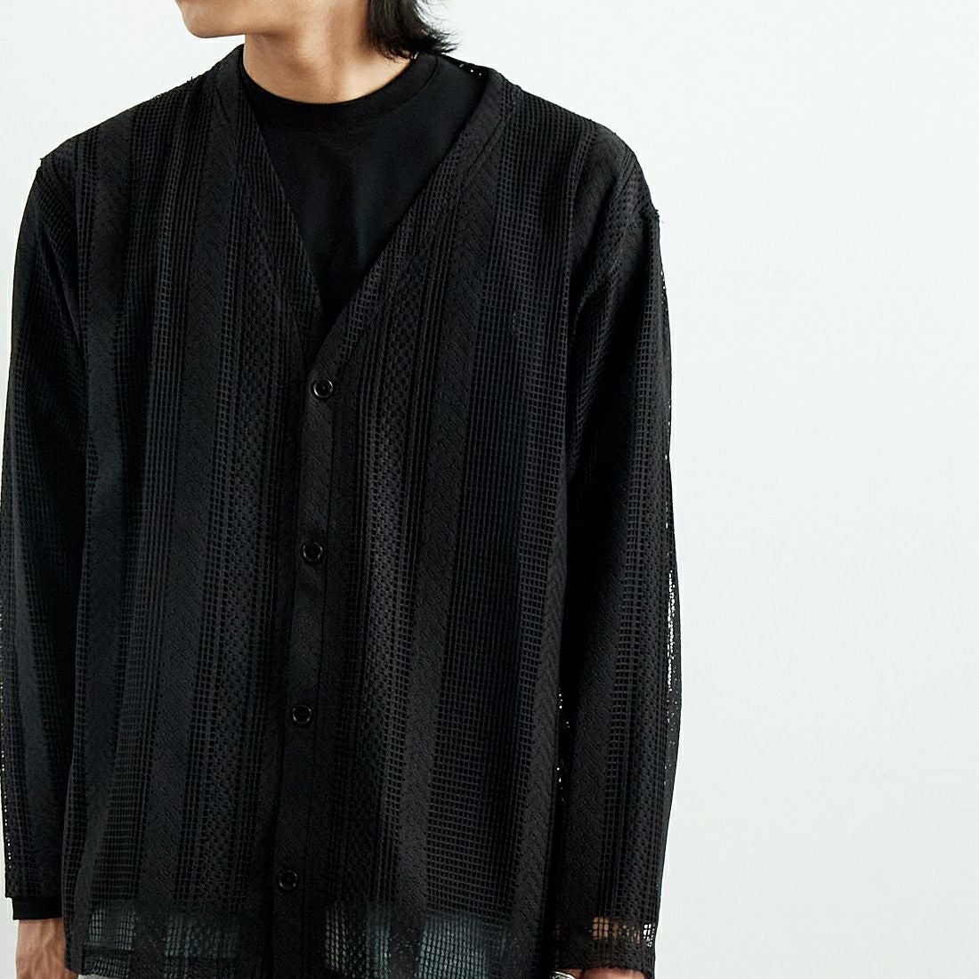 South2West8 [サウスツーウエストエイト] Vネックメッシュカーディガン [QV601] B BLACK