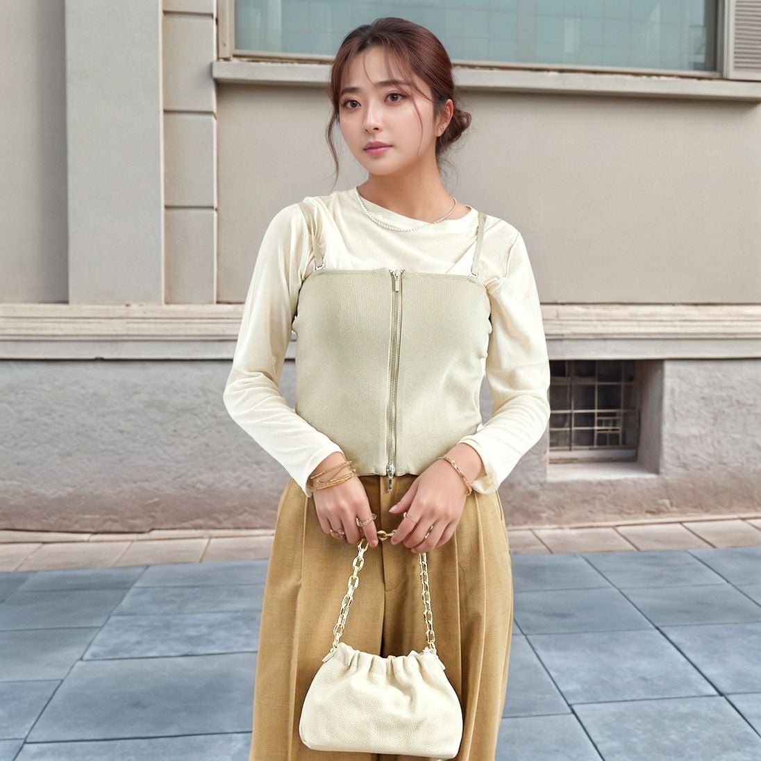 Jf Ready Made [ジェイエフレディメイド] ソウバリニットWジップビスチェ [3111201] 810 Lｸﾞﾚｲ &&モデル身長：167cm 着用サイズ：F&&