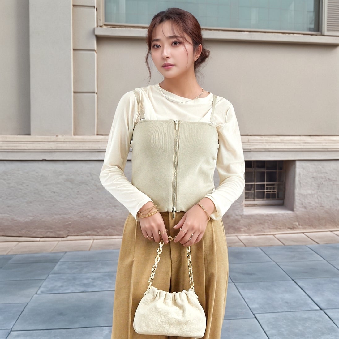 Jf Ready Made [ジェイエフレディメイド] ソウバリニットWジップビスチェ [3111201] 810 Lｸﾞﾚｲ &&モデル身長：167cm 着用サイズ：F&&