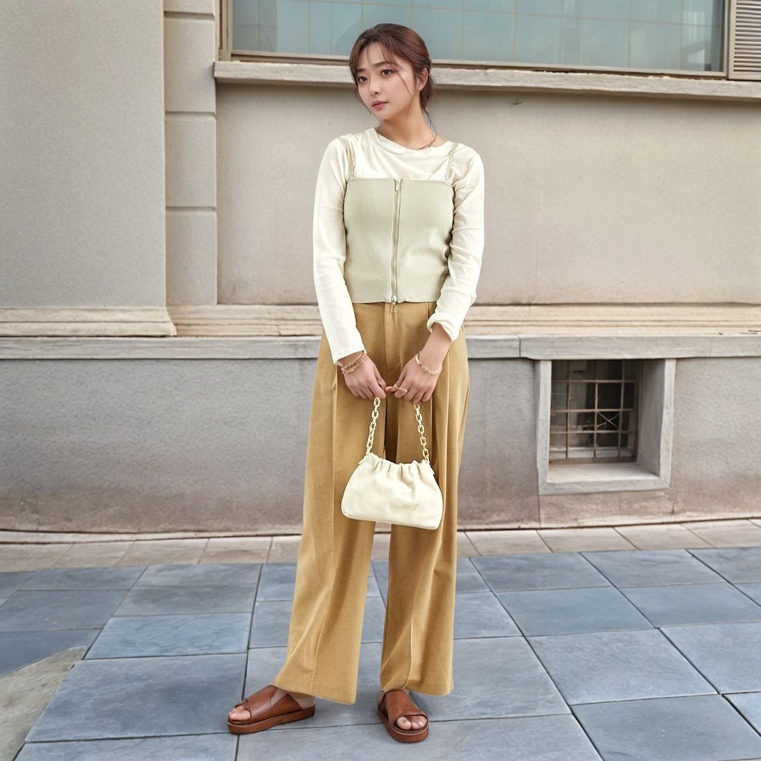 Jf Ready Made [ジェイエフレディメイド] ソウバリニットWジップビスチェ [3111201] 810 Lｸﾞﾚｲ &&モデル身長：167cm 着用サイズ：F&&