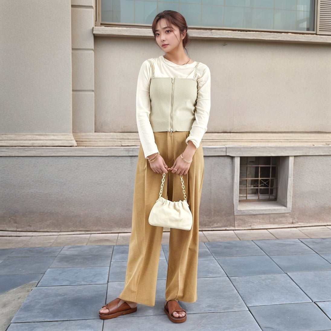 Jf Ready Made [ジェイエフレディメイド] ソウバリニットWジップビスチェ [3111201] 810 Lｸﾞﾚｲ &&モデル身長：167cm 着用サイズ：F&&