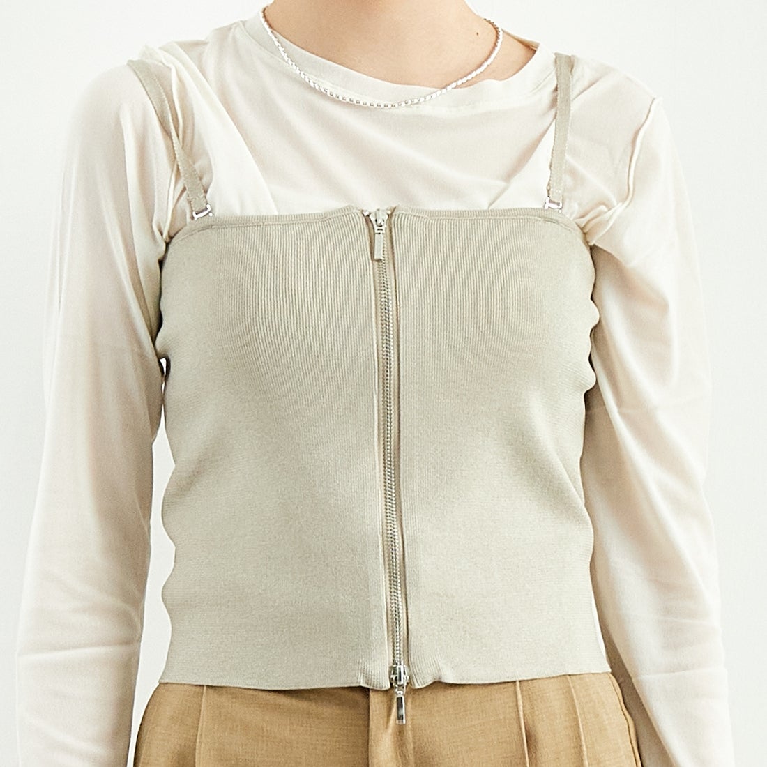 Jf Ready Made [ジェイエフレディメイド] ソウバリニットWジップビスチェ [3111201] 810 Lｸﾞﾚｲ &&モデル身長：167cm 着用サイズ：F&&