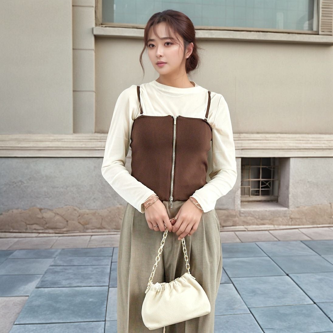 Jf Ready Made [ジェイエフレディメイド] ソウバリニットWジップビスチェ [3111201] 701 ﾌﾞﾗｳﾝ &&モデル身長：167cm 着用サイズ：F&&