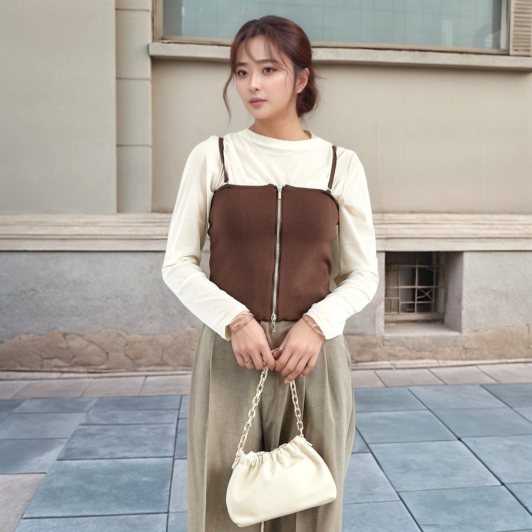 Jf Ready Made [ジェイエフレディメイド] ソウバリニットWジップビスチェ [3111201] 701 ﾌﾞﾗｳﾝ &&モデル身長：167cm 着用サイズ：F&&