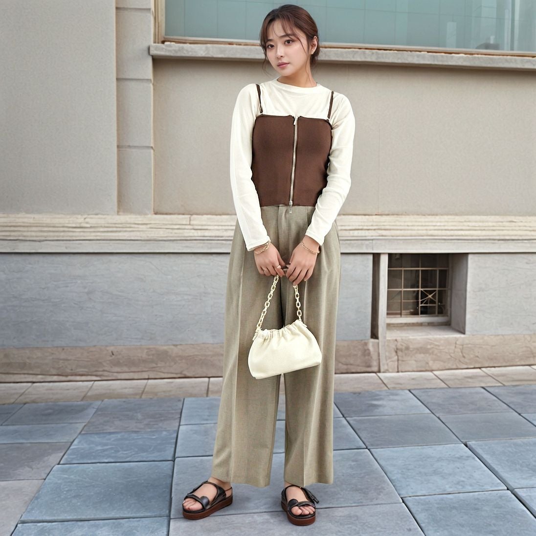 Jf Ready Made [ジェイエフレディメイド] ソウバリニットWジップビスチェ [3111201] 701 ﾌﾞﾗｳﾝ &&モデル身長：167cm 着用サイズ：F&&