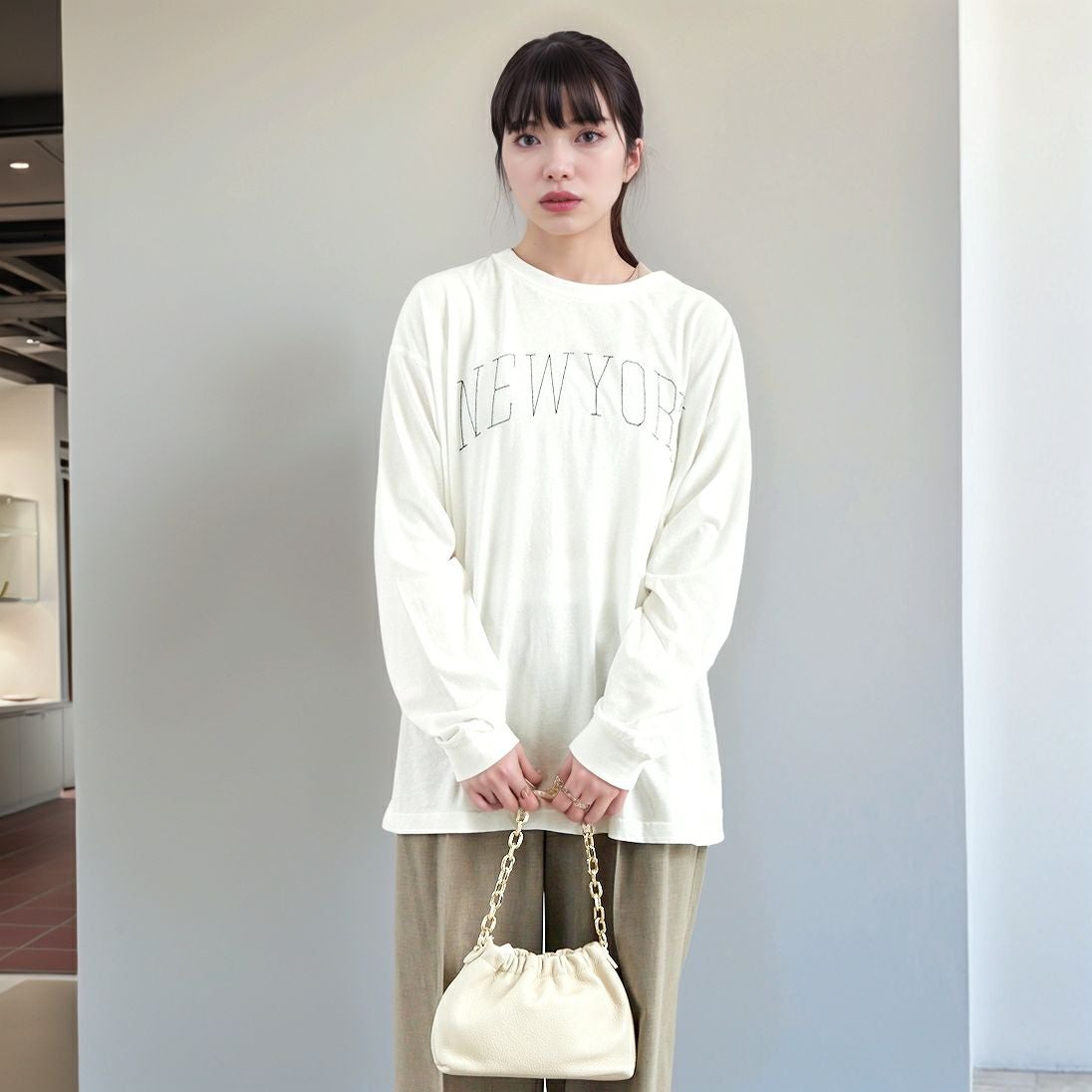 Quand [クアンド] ロングスリーブTシャツ [3111713] 104 OFF WH &&モデル身長：167cm 着用サイズ：F&&