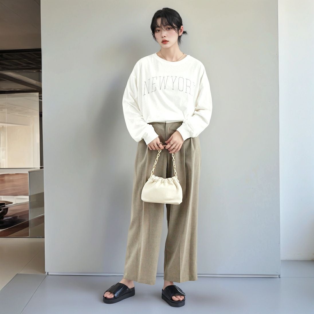 Quand [クアンド] ロングスリーブTシャツ [3111713] 104 OFF WH &&モデル身長：167cm 着用サイズ：F&&