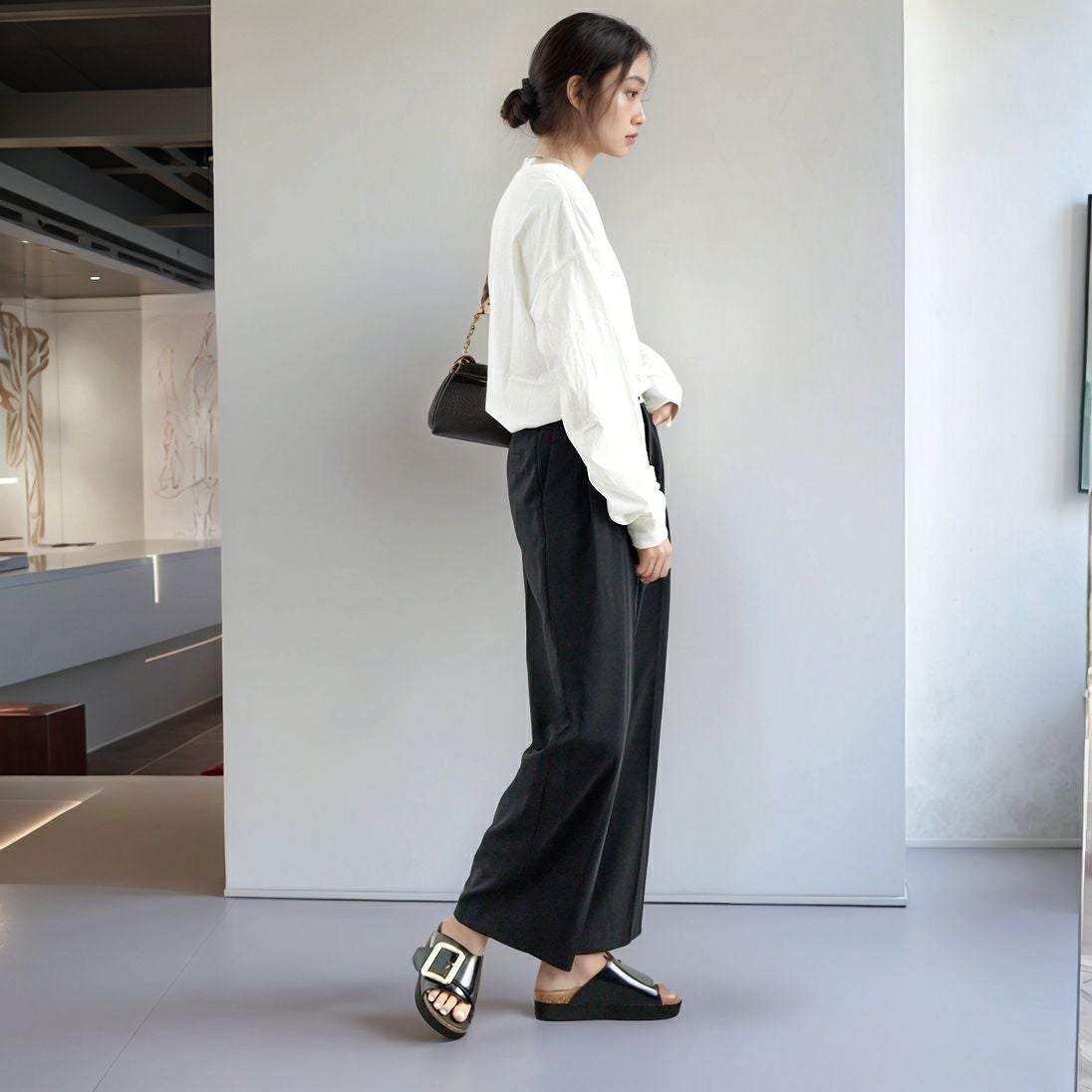 Quand [クアンド] ロングスリーブTシャツ [3111714] 104 OFF WH &&モデル身長：167cm 着用サイズ：F&&