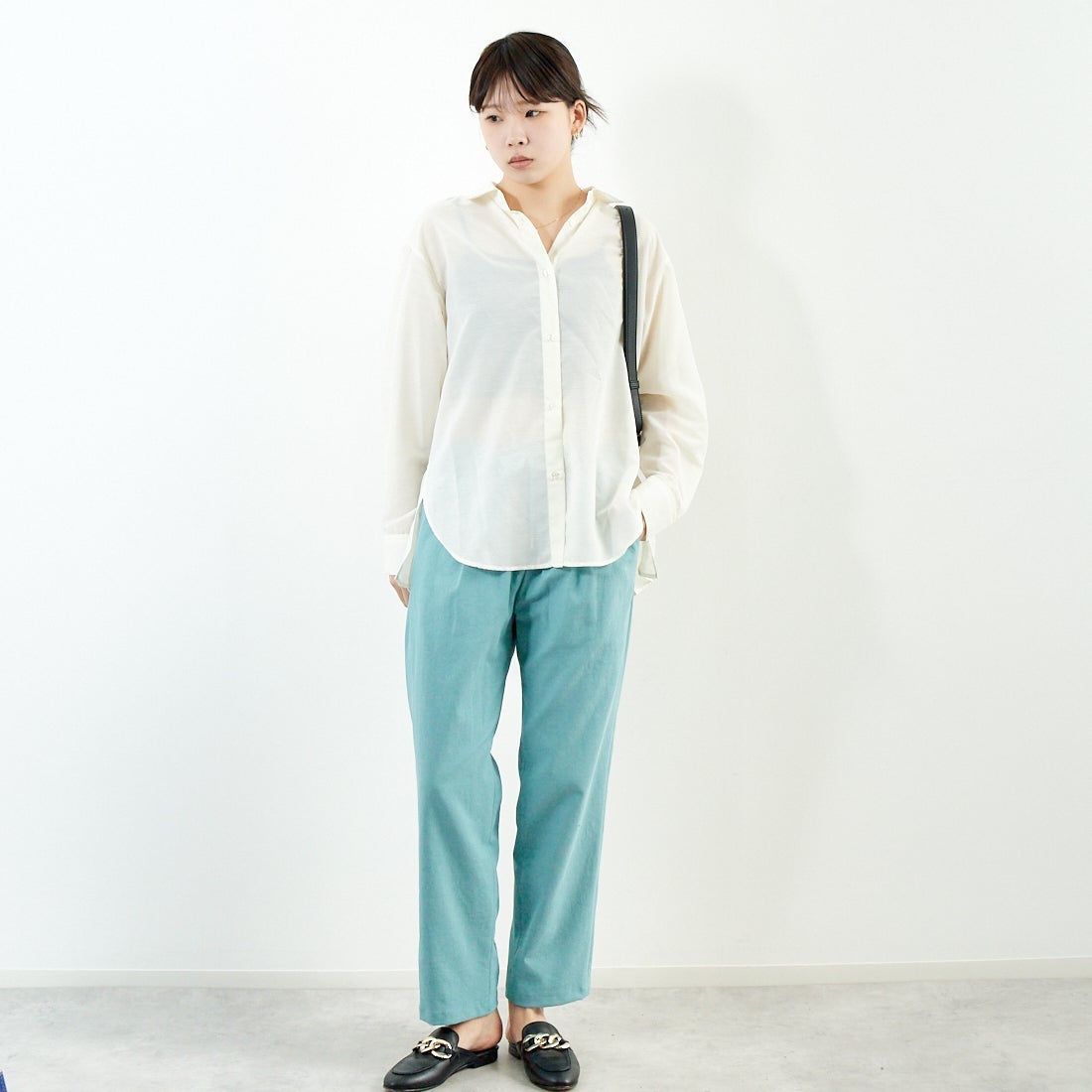 Jeans Factory Clothes [ジーンズファクトリークローズ] シェルタリングドライイージーテーパードパンツ [21254052] 063 ﾌﾞﾙｰｸﾞ &&モデル身長：167cm 着用サイズ：40&&