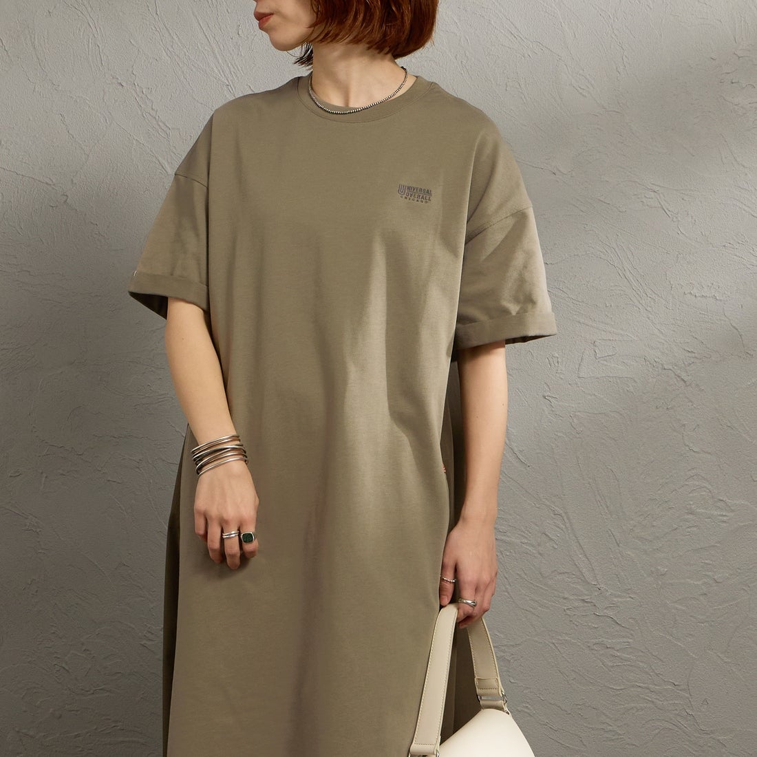 UNIVERSAL OVERALL [ユニバーサルオーバーオール] 別注 異素材切り替え マキシ丈ワンピース [U2512812IN-JF] GREIGE &&モデル身長：158cm 着用サイズ：F&&