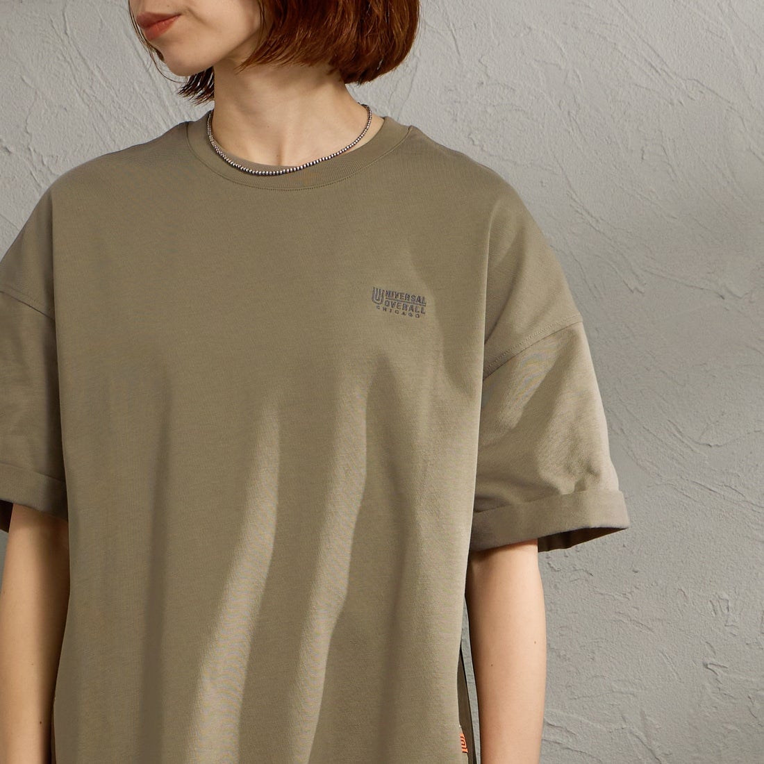 UNIVERSAL OVERALL [ユニバーサルオーバーオール] 別注 異素材切り替え マキシ丈ワンピース [U2512812IN-JF] GREIGE &&モデル身長：158cm 着用サイズ：F&&