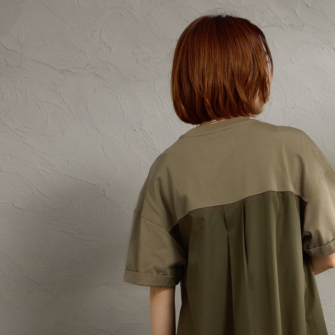 UNIVERSAL OVERALL [ユニバーサルオーバーオール] 別注 異素材切り替え マキシ丈ワンピース [U2512812IN-JF] GREIGE &&モデル身長：158cm 着用サイズ：F&&