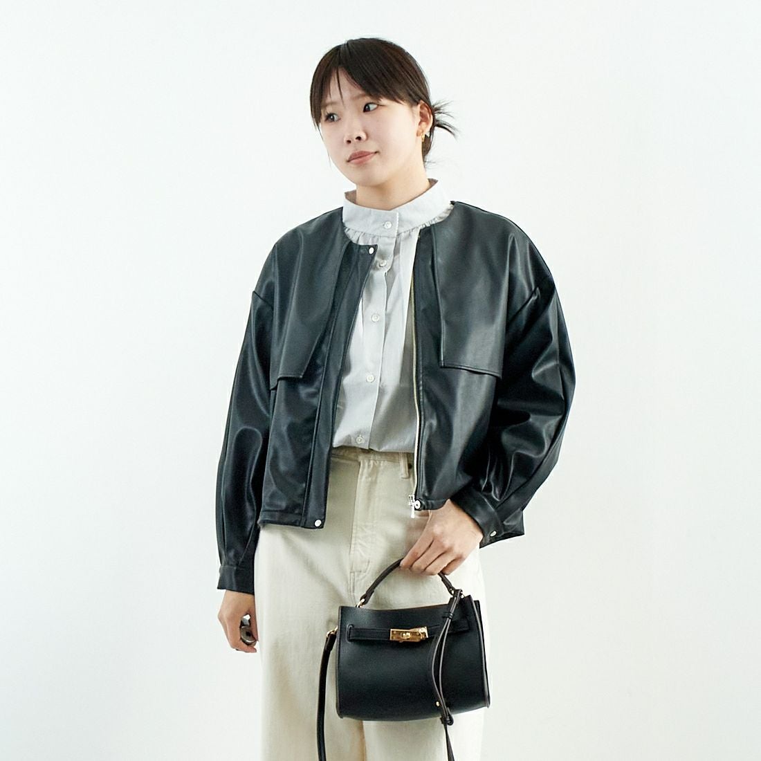 Jeans Factory Clothes [ジーンズファクトリークローズ] マットソフトフェイクレザーブルゾン [785024] 03 ﾌﾞﾗｯｸ &&モデル身長：167cm 着用サイズ：F&&