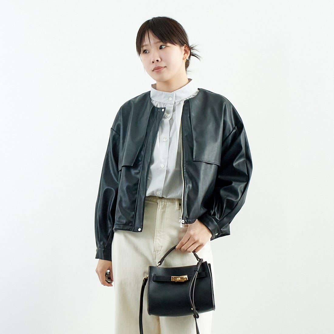 Jeans Factory Clothes [ジーンズファクトリークローズ] マットソフトフェイクレザーブルゾン [785024] 03 ﾌﾞﾗｯｸ &&モデル身長：167cm 着用サイズ：F&&