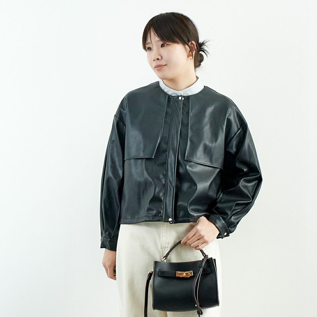 Jeans Factory Clothes [ジーンズファクトリークローズ] マットソフトフェイクレザーブルゾン [785024] 03 ﾌﾞﾗｯｸ &&モデル身長：167cm 着用サイズ：F&&