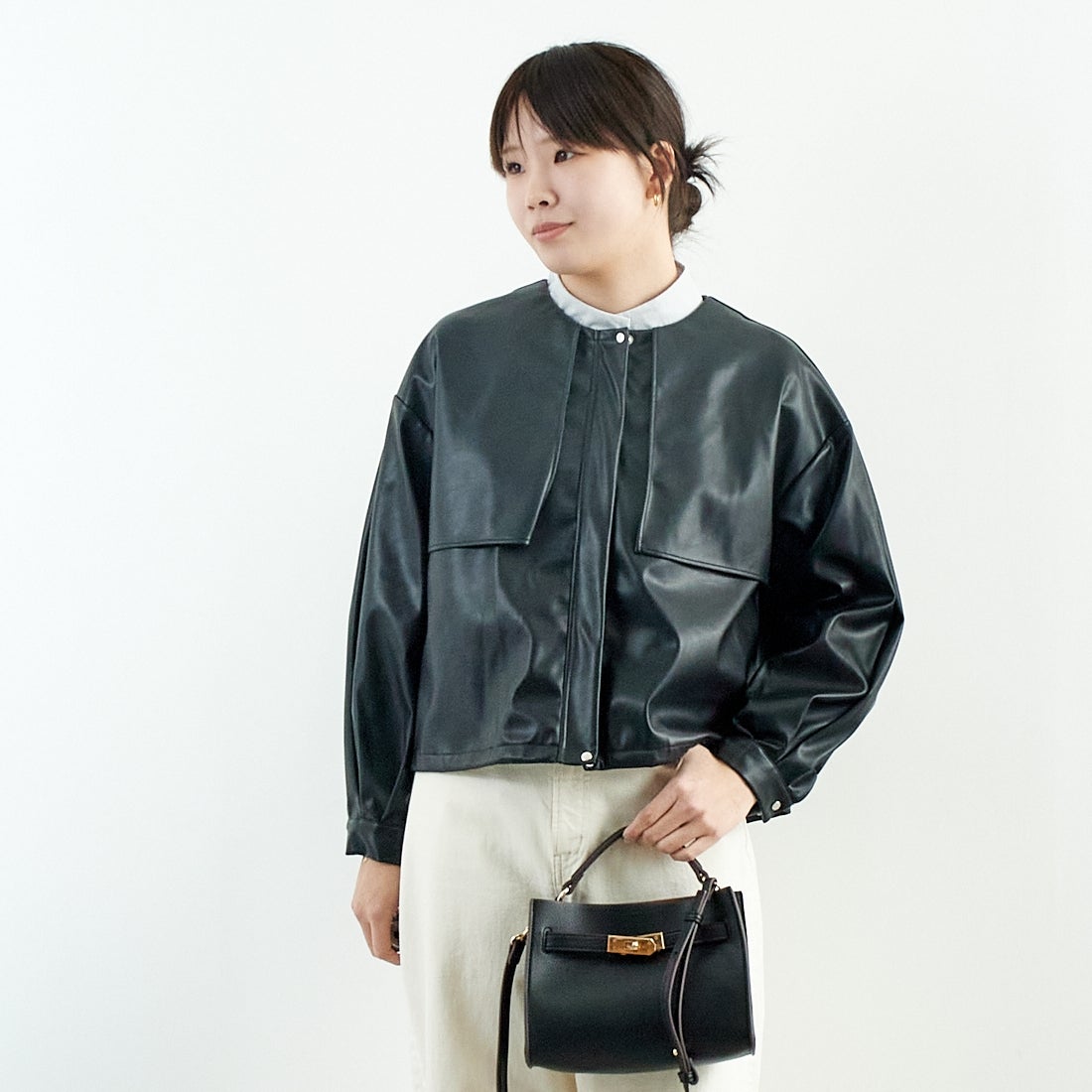 Jeans Factory Clothes [ジーンズファクトリークローズ] マットソフトフェイクレザーブルゾン [785024] 03 ﾌﾞﾗｯｸ &&モデル身長：167cm 着用サイズ：F&&